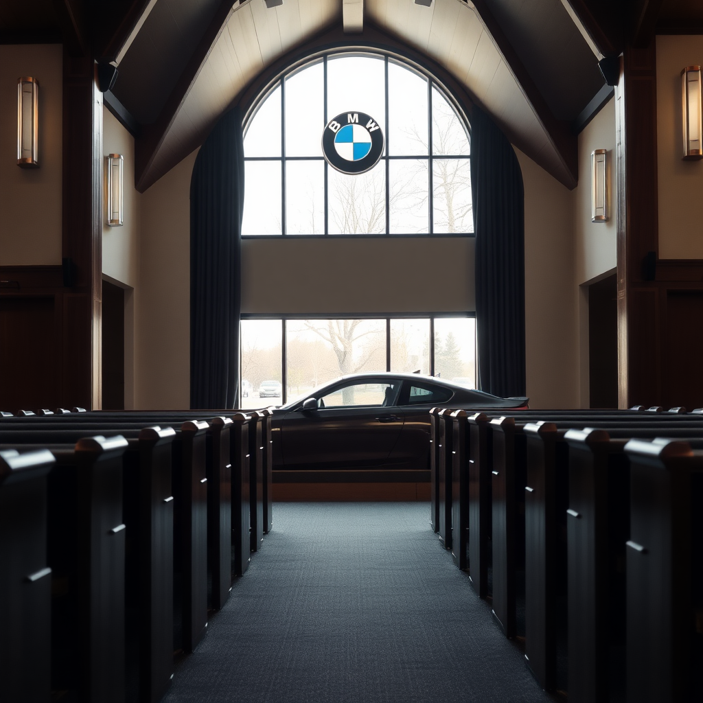 in a church with gray pew benches and dark wood frame and gray carpet. and bmw outside a window