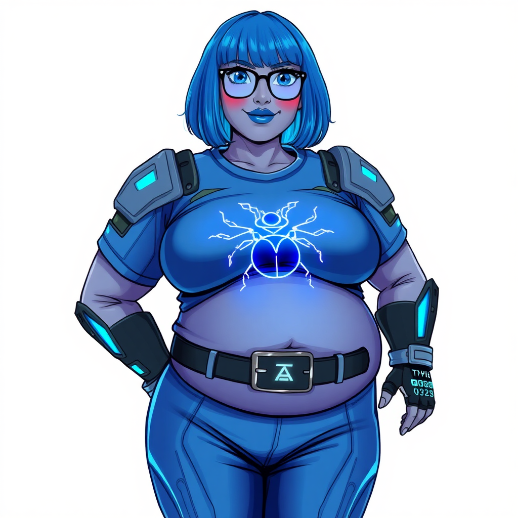 A 28-year-old, full-figured, middle gray skinned computer program hybrid with a maximum blue bob cut. She has a non-athletic build, highlighted by a prominent, round, large midsection (with emphasis on her belly), which shows the aftermath of her pampering. As the heavily pampered digital sidekick to her cyberpunk vigilante boyfriend, her middle gray metallic skin and maximum blue lipstick emphasize her digital nature. She wears a digital, computerized costume consisting of a huge, tight-fitting, maximum blue t-shirt with a neon blue glowing chest icon of a beetle, hi-tech shoulder pads with neon blue accents, a black hi-tech belt with a digital neon blue glowing buckle, digital maximum blue biker pants with neon blue accents, and black hi-tech fingerless biker gloves with neon blue glowing accents. Her neon blue glowing eyes, black eyeglasses with a neon blue glowing HUD built in its lenses, and shy smile with neon red blush accentuate her nerdiness. She stands bashfully with her hands behind her back, her costume covering all her skin and emphasizing her full-figured physique (especially her belly). She is clearly non-athletic, with a focus on her full-figured physique. Despite her build, she radiates beauty. She has a slim face compared to her physique, accentuating her radiant beauty. She is on a solid white background. She is drawn as if she was in a retro 2D cyberpunk fighting game.