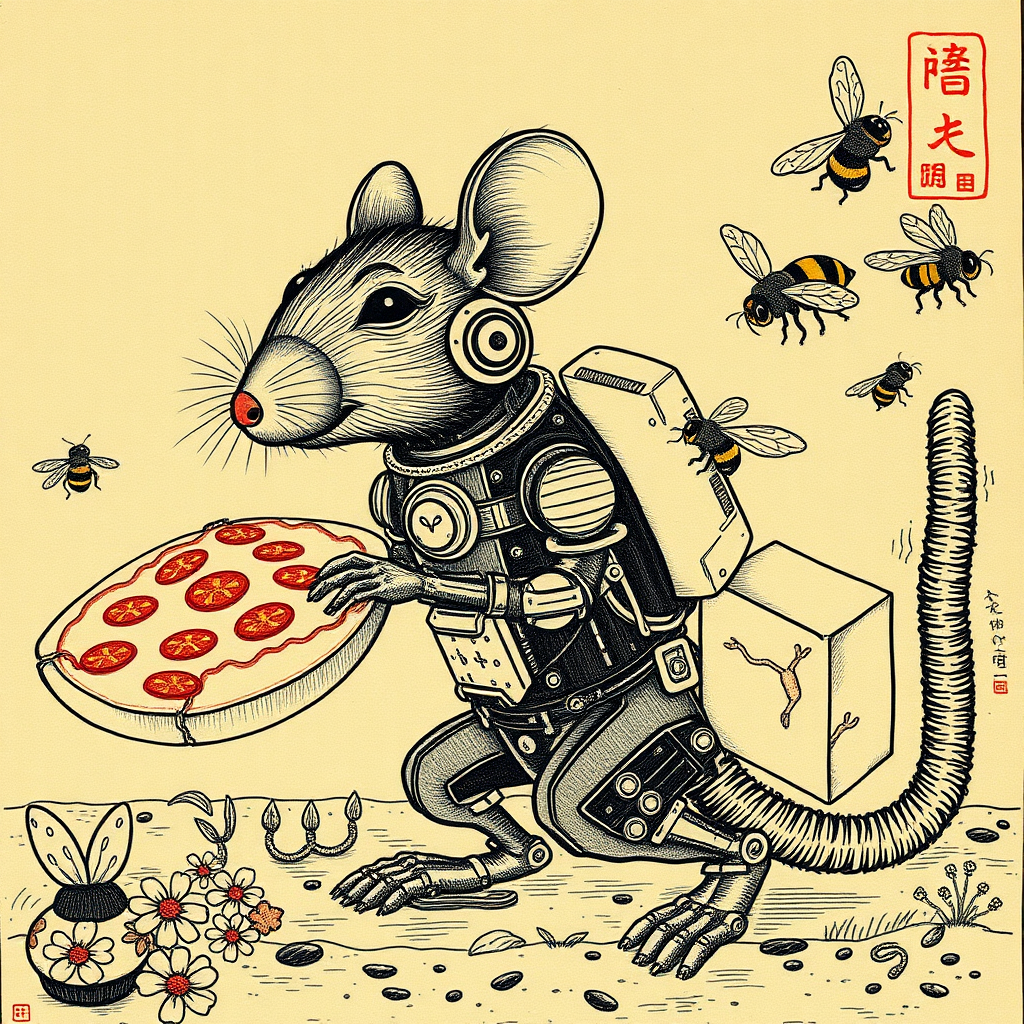 A cyborg rat delivering pizza to bees, Chinese woodcut