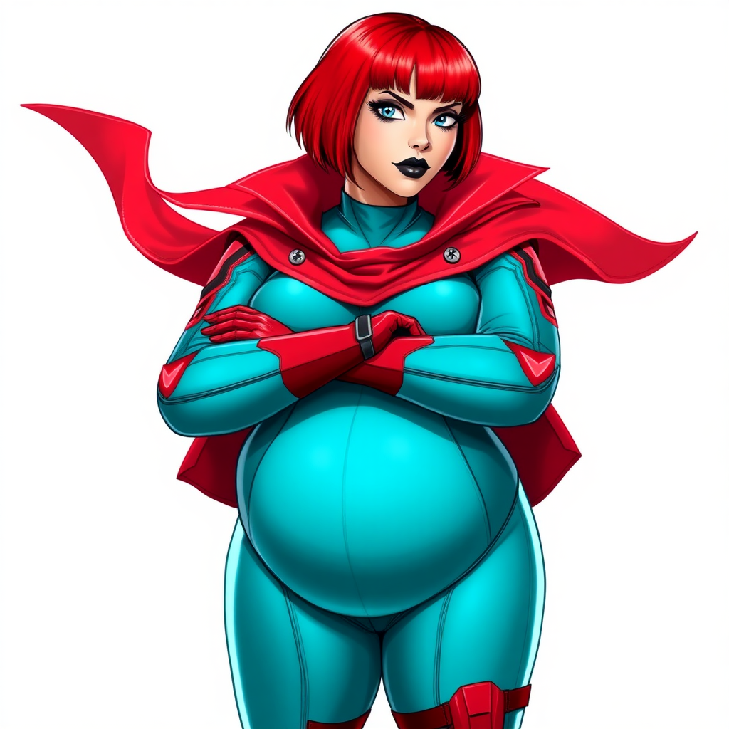 A 26-year-old, heavily-pampered, full-figured, mystical vigilante detective ally of her cyberpunk vigilante older brother figure with a bright red bob cut, black lipstick, and piercing bright blue eyes. She has a new non-athletic build, now highlighted by a prominent, round, gargantuan midsection (with the full emphasis on her gargantuan belly), which shows the aftermath of her pampering. Despite her new physique, she displays her usual confidence. She wears a huge, high-tech, tight-fitting, maximum turquoise biker suit (accentuating her gargantuan belly), complemented by a glowing neon red cape and high-tech red gloves. Her stance is firm and resolute, arms crossed, exuding a no-nonsense attitude. Her costume reflects the influence of DC New 52 Prime Earth’s Phantom Lady, Jennifer Knight, while her pose embodies the moral ambiguity and determination reminiscent of DC’s Pax Americana’s The Question. She is on a solid white background. She is drawn as if she was in a retro 2D cyberpunk fighting game. She is clearly non-athletic, with a focus on her full-figured physique. Her belly is fully bloated to emphasize her non-athletic figure. Make sure that her biker suit covers all of her bare skin (especially her gargantuan midsection).