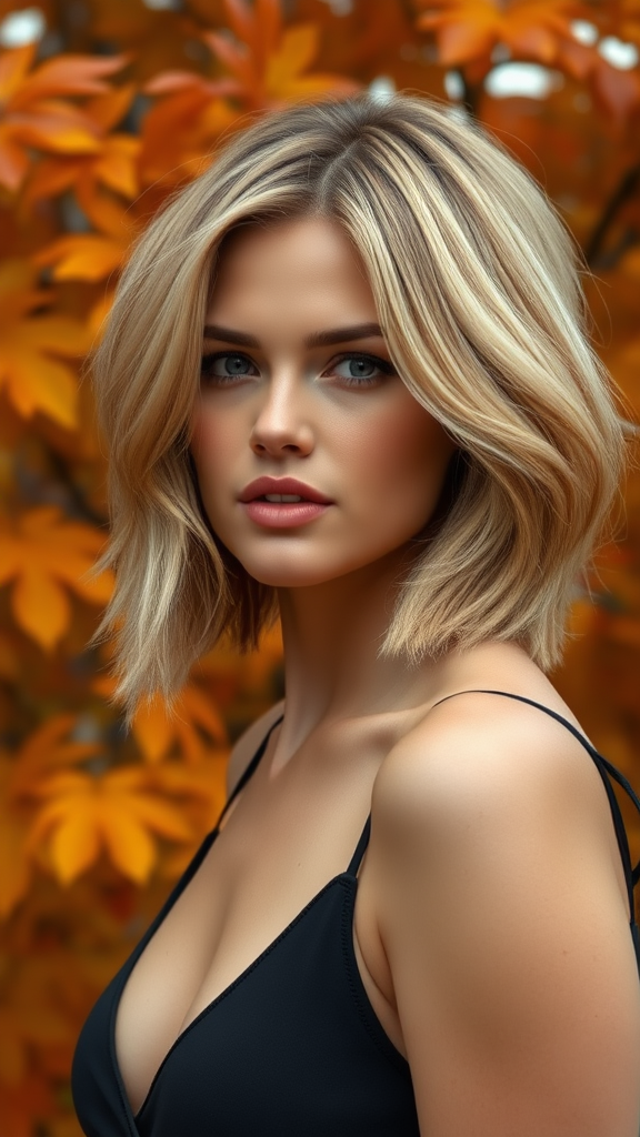 Christine Teigen with a layered blonde French bob, set against a background of autumn horse chestnut foliage, in high definition.