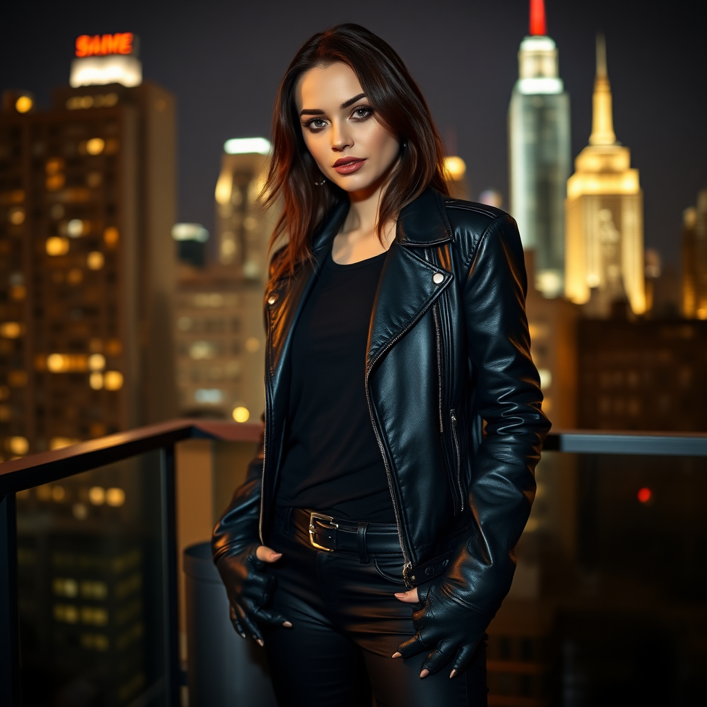 A beautiful thief girl in black leather jacket over black t-shirt with black tight jeans and gloves standing in a Manhattan penthouse at night.