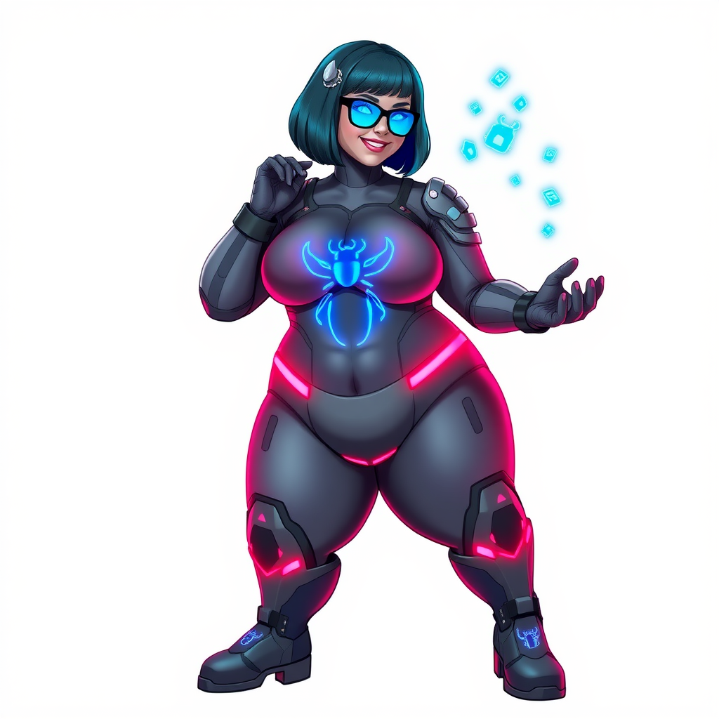 A heavily, extremely, and intensely pampered nerdy full-figured middle gray digital sidekick, a 28-year-old computer major, has been transformed by her doting vigilante boyfriend. Her distinct, metallic, middle gray skin and bob cut appear to blend together simulating computer data, and her neon blue eyes glow with intelligence. Her full-figured physique, now showcasing a large round midsection, thick limbs, and broad shoulders, contrasted by a slim face, clearly reflects her indulgence and pampering. Her full figure is prominently highlighted, with her prominent, large, round midsection and thick limbs emphasizing her pampered sidekick status. As the loyal and supportive sidekick, she plays a crucial role in their missions, using her digital prowess to assist and protect.

She wears a digital middle gray bodysuit with a neon blue glowing scarab beetle chest icon, digital middle gray boots with neon blue glowing scarab beetle themed accents, and matching high-tech gloves with matching accents. She bashfully giggles with a neon red blush, emitting neon blue data cubes from her body. Her full figure clearly shows how pampered she is. Her nerdiness is accentuated by her black oversized eyeglasses.

Her outfit, influenced by DC’s Jennifer Knight Phantom Lady, remains distinct. Adding to her pampering, she serves as his minicomputer, traveling in his high-tech wristwatch and supercar’s computer system. Using her ability to hack into computers and machines, she relays crucial knowledge relating to his missions.

Her prominent, large, rounded midsection and thick limbs are on full display, emphasizing her indulgence and pampering while maintaining her nerdy physique. She is on a solid white background. She is drawn as if she was in a retro 2D cyberpunk fighting game. Ensure her midsection is round.