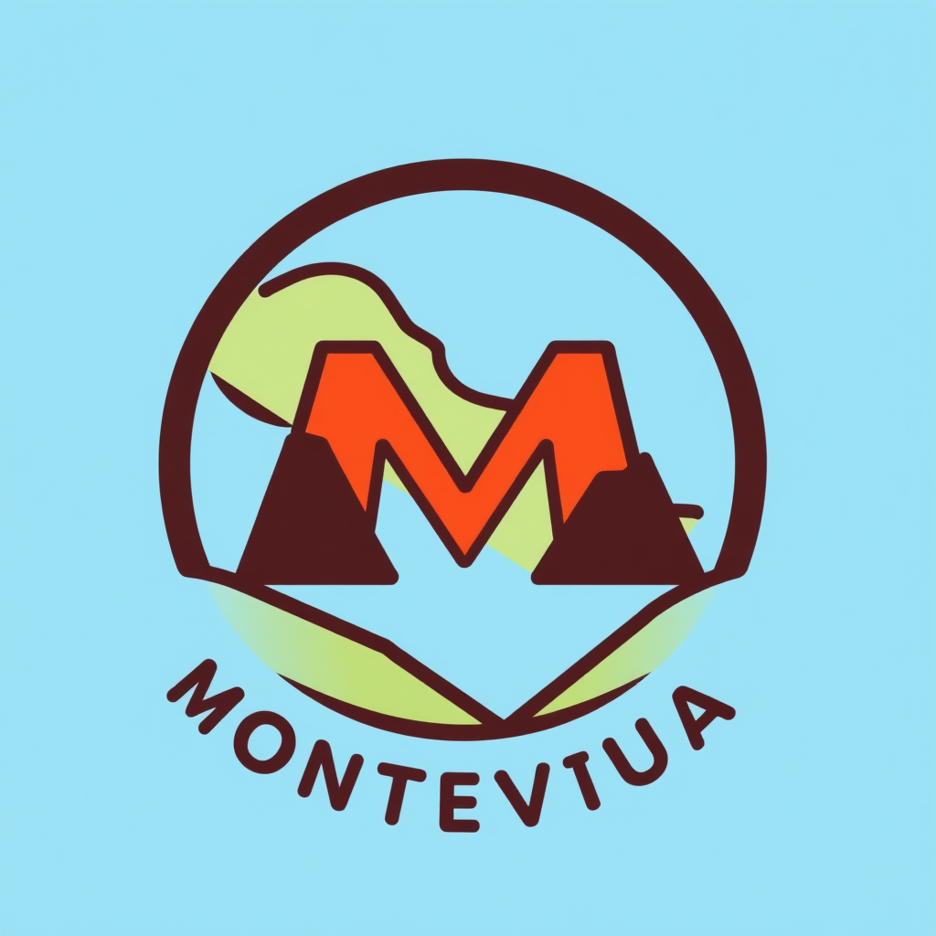 Make a simple logo for a repository of places and activities to do in Montevideo, Uruguay. Make sure to include an M, keep the background a plain color, don't include the word Montevideo, add stuff to make it look like a map of places, add something that shows that it is from Uruguay.