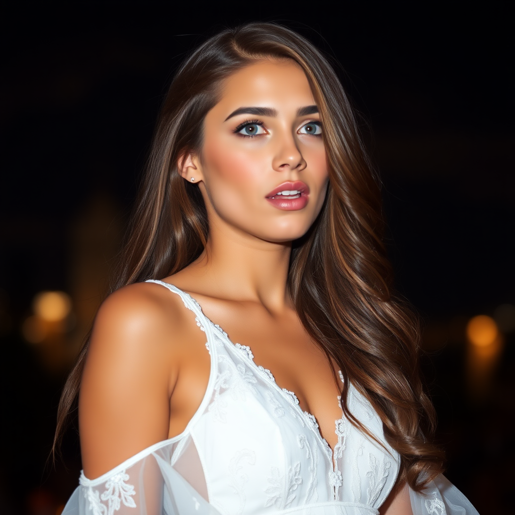 a young woman singing. long brunette hair with highlights, bright blue eyes. suntanned skin. small lips colored pale rose. looking to the side. wearing an elegant long white dress with transparent lace. view from far. night sky in background. photo