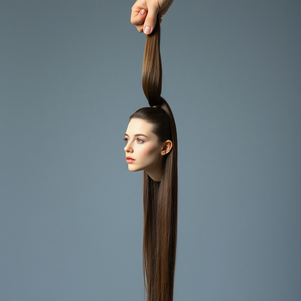 Surreal image of a very long haired woman's beautiful disembodied head hanging by her very long hair. Her very long hair is gathered at the top of her head into a long ponytail that stretches upward into a grasped hand. Plain gray background.