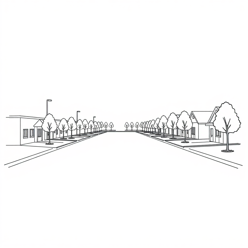 small parking lot, borders, trees, 
long establishing shot, 2D, caricature, cartoon, Sketch lines, coloring book, coloring book style on white background, well composed, clean coloring book page, No dither, no gradient, strong outline, No fill, No solids, vector illustration, realistic proportions, left side view