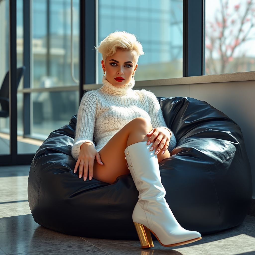 Sunny spring morning, modern glass-steel-concrete office, resting on black leather beanbag at wall, waiting for the master: Ana, European 17 years old very convincing femboy “trophy-bimbo”, tamed servile docile, very beautiful feminine flawless face, rather short boyish figure, platinum blond short tight curls, bold red lips, heavily made-up face, long French nails, wearing Supertanya-style chunky fluffy very fuzzy bright white plushy mohair figure-hugging turtleneck-knitdress with white pearl decoration, white vinyl thigh-high boots with golden heels, pearl earrings, serious, leaning forward presenting her assets, arrogantly looking at camera.