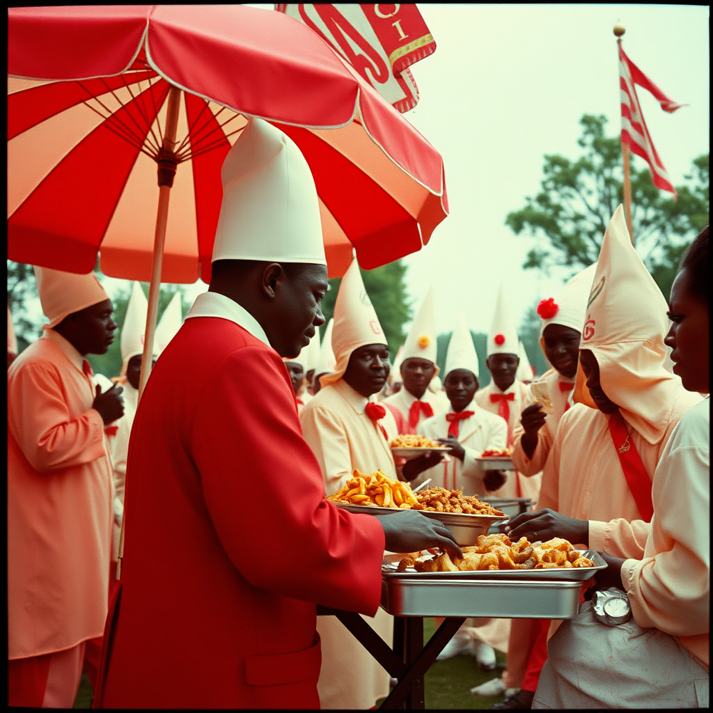 highly detailed Kodachrome color surreal real photograph from 1974 of Ku Klux Klan serve hot soul food  
And the band plays "In the Mood"  
The cheerleader waves her cyanide wand  
There's a smell of peach blossom and bitter almond  
Caryl Chessman sniffs the air and leads the parade  
He knows, in a scent, you can bottle all you made  