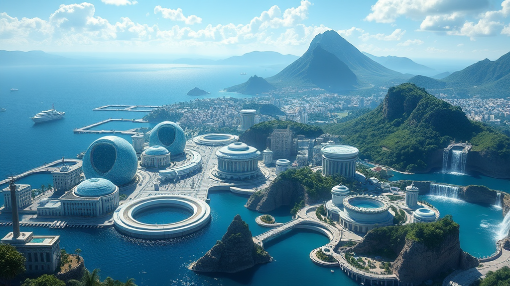 In this breathtaking 8k resolution anime art, Greater Atlantis is presented as a stunning vision of a technologically advanced Greek-styled city. The cityscape unfolds with an array of uniquely-shaped blue-marble structures, each building meticulously designed to evoke a sense of grandeur and innovation. The marble surfaces shimmer with a celestial glow, reflecting the city’s opulence and sophistication.

The city is set against a dramatic backdrop of expansive waters, where massive, ringed structures hover gracefully above the surface. These ringed platforms emit a soft, luminescent light, adding an ethereal quality to the scene. The water below is a pristine, deep blue, occasionally interrupted by the sleek, white-technological ships that float effortlessly above, their advanced design contrasting beautifully with the natural elements of the environment.

In the distance, majestic mountains rise, their peaks crowned with cascading waterfalls that flow down into the tranquil waters. The waterfalls are rendered with exquisite detail, their crystal-clear water sparkling in the sunlight as it tumbles over the rocky cliffs.

The cityscape is further enhanced by lush, tropical lands that surround the urban area, featuring vibrant greenery and exotic flora. This verdant landscape provides a striking contrast to the sleek, futuristic architecture of Greater Atlantis.

The overall composition captures a high-quality cinematic view, blending the classical elegance of Greek architecture with the cutting-edge technology of a futuristic civilization. The interplay of light, water, and architecture creates a mesmerizing and immersive experience, showcasing the splendor and innovation of Greater Atlantis.