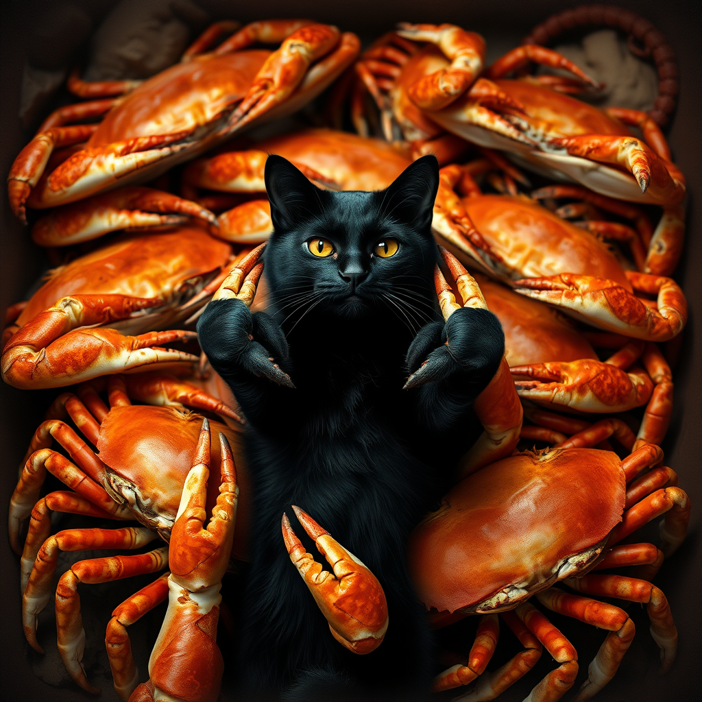 Lots of crabs holding a black cat in their claws