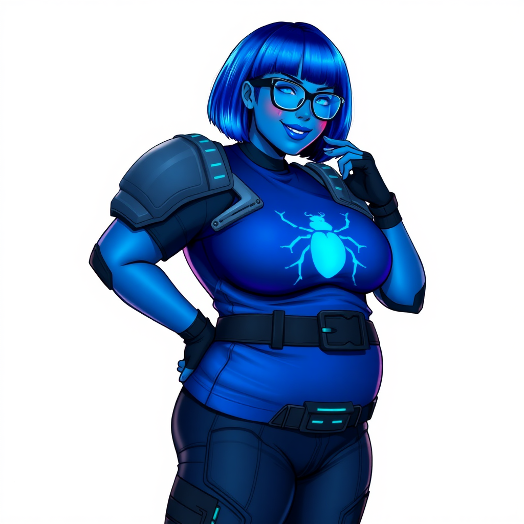 A 28-year-old, full-figured, metallic maximum blue (5PB 5/10) skinned computer program hybrid with a maximum blue bob cut. She has a non-athletic build, highlighted by a prominent, round, large midsection (with full emphasis on her round belly), which shows the effects of her love of junk food acquired from her boyfriend. As the full-figured, nerdy, digital sidekick to her cyberpunk vigilante boyfriend, her metallic maximum blue skin and maximum blue lipstick (5PB 5/12) emphasize her digital nature. Her skin has a subtle, animated glow, with digital patterns occasionally flickering across it, making her digital nature obvious. She wears a digital, computerized, superhero costume, consisting of a massive, tight-fitting, maximum blue t-shirt (5PB 5/12) made out of advanced nanotech with a neon blue chest icon of a beetle, hi-tech shoulder pads with neon blue accents, a black hi-tech belt with a digital neon blue glowing buckle, digital maximum blue biker pants (5PB 5/12) with neon blue accents, and black hi-tech fingerless biker gloves with neon blue glowing accents. Her neon blue glowing eyes, black eyeglasses with neon blue glowing lenses equipped with a built-in HUD, and bashful smile with neon red blush accentuate her nerdiness. She stands bashfully with one hand behind her back and the other hand gently touching her cheek, her costume covering all her skin (especially her midsection) and fully emphasizing her full figure (especially her round belly). She is clearly non-athletic, with a focus on her full-figured physique. Despite her build, she radiates beauty. She has a slim face compared to her physique, accentuating her radiant beauty. She is on a solid white background. She is drawn as if she were in a retro 2D cyberpunk fighting game.