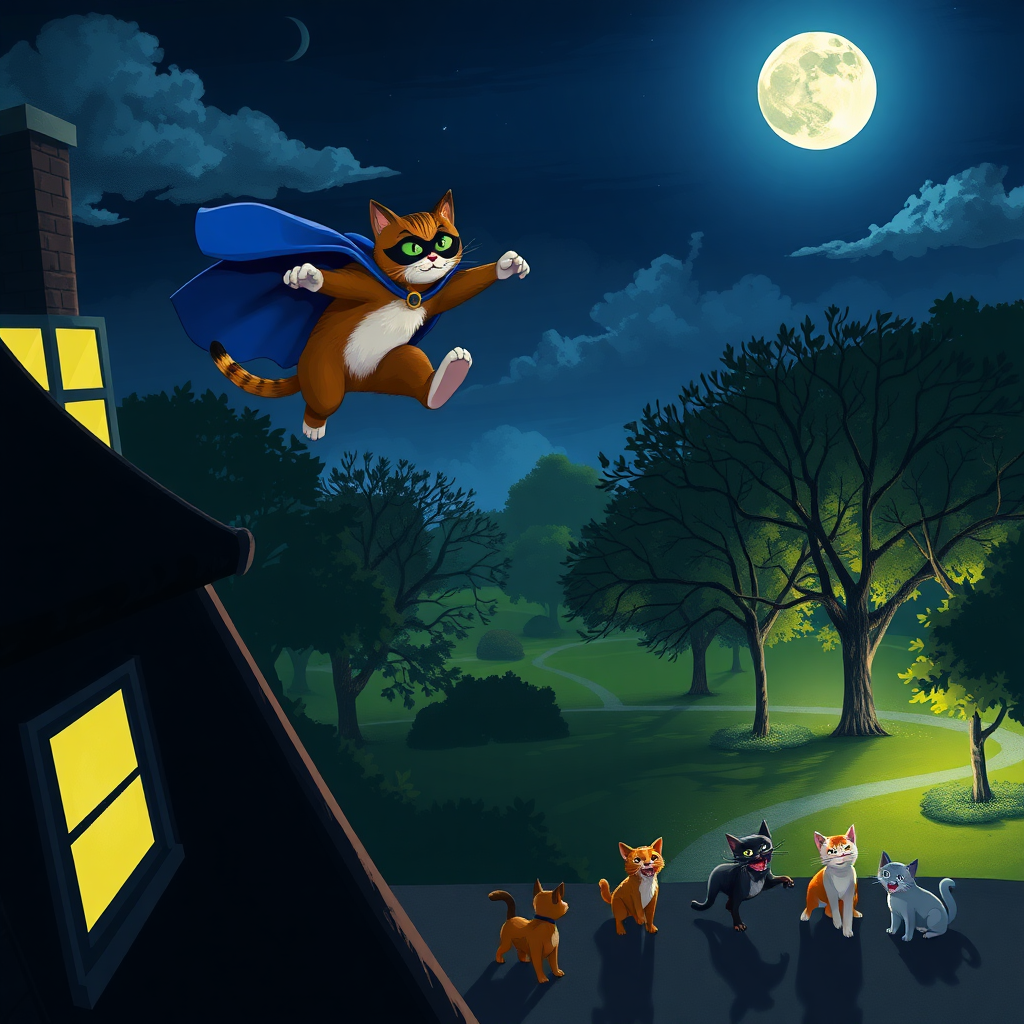 Create a dynamic nighttime scene where a heroic cat named Kiki leaps gracefully from a rooftop towards a park. In the foreground, show Kiki in a blue cape and black mask, embodying a superhero. Below, depict a group of naughty dogs causing trouble for a few frightened small cats. The park is illuminated by moonlight, with trees and shadows adding to the dramatic atmosphere. Capture the moment of Kiki's heroic leap, conveying action and bravery.