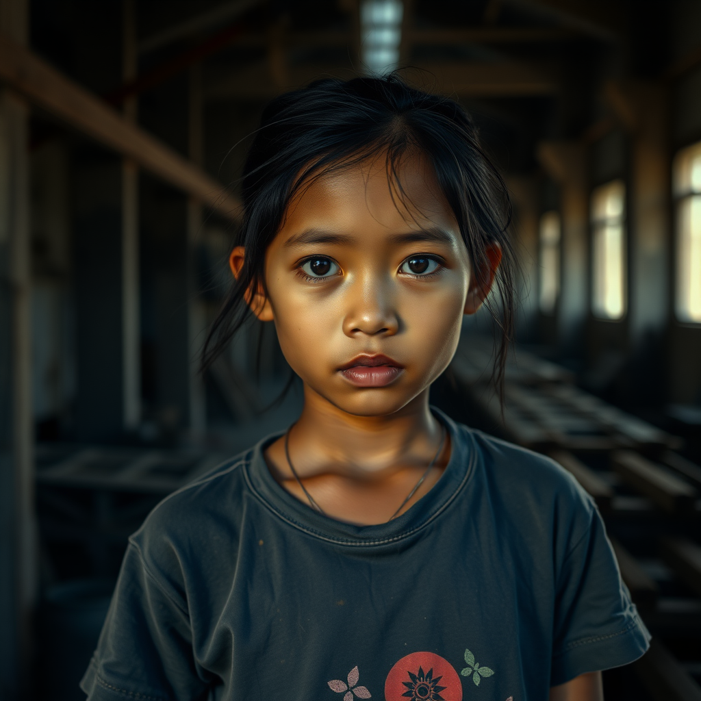 A very sad and hungry young Cambodian teen girl with a very old T-shirt in a very dark old and mysterious factory.