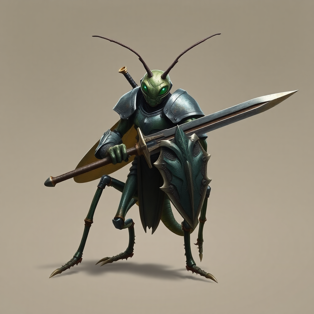 A bipedal insect alien, armored, sword and shield, realistic