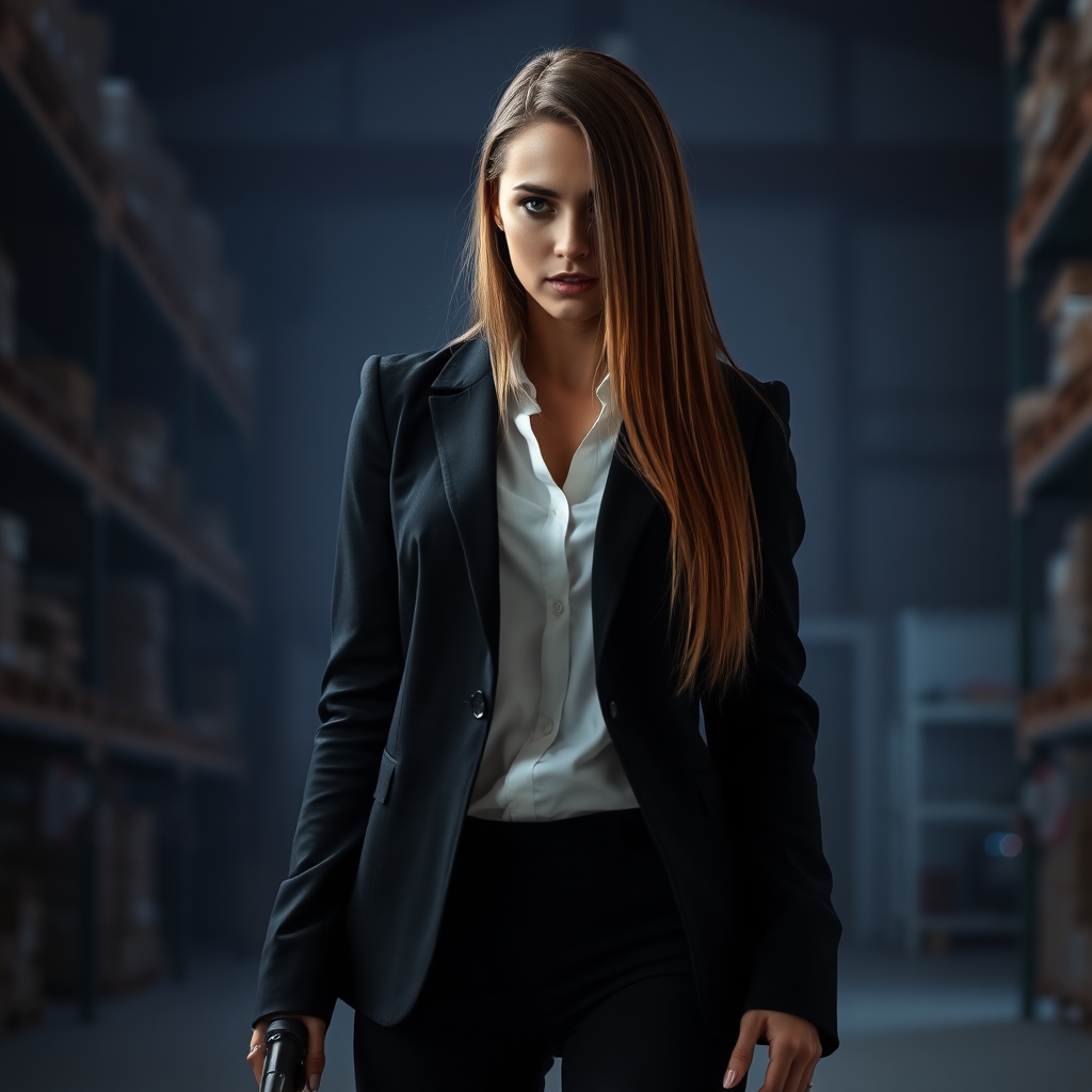 A beautiful straight long haired female burglar in a black blazer over white shirt with black pants in a dark warehouse.