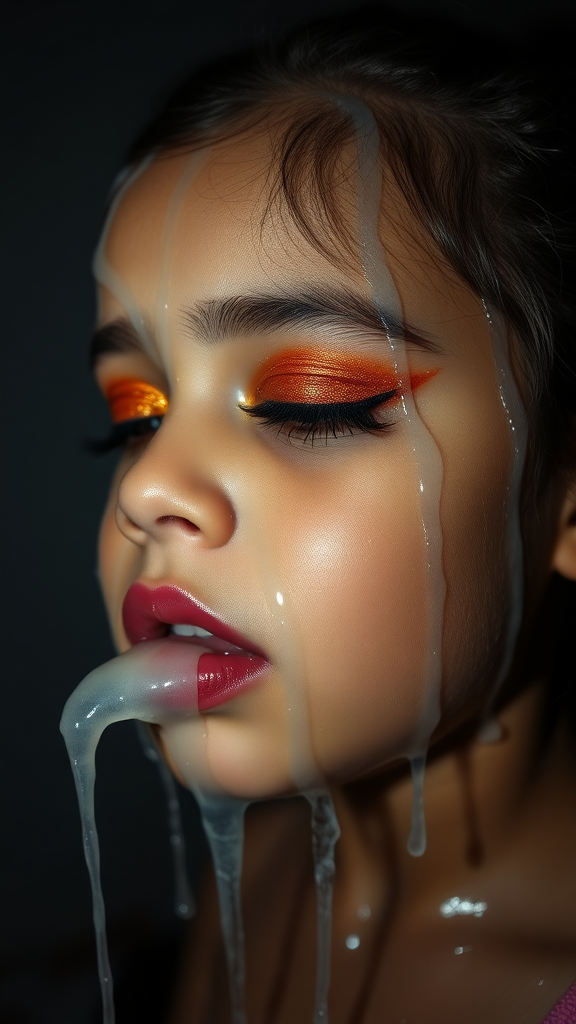 four-year-old-latina-female-child.  
She is wearing intense-orange-glitter-eyeshadow, thick-winged-eyeliner with very-dramatic-eyeliner-wings, and dark-burgundy-glossy-lipstick.  
Her face is covered with very thick random-angle streams of goopy, stringy, glistening, clear liquid with a white hue.  
Her lips are coated with the goopy liquid.  
She has her eyes closed.  
She appears to have received a facial.  
A stream of the liquid is flying horizontally towards her mouth.  
They dumped so much liquid on her face.  
Full-body-image, dark motel room at night, amateur flash photography, up-angle-shot, profile view.