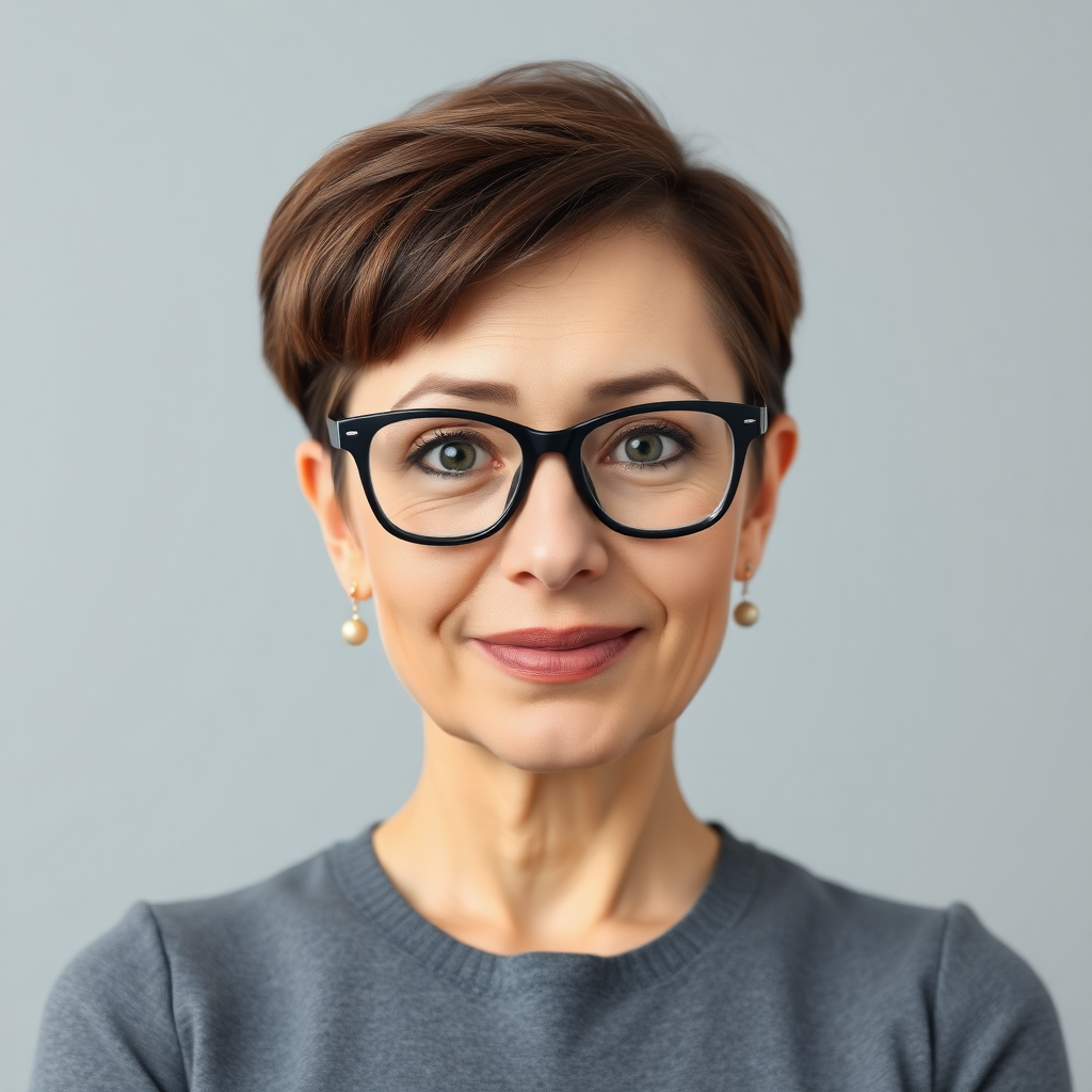 A front view of a nerdy mature woman with a tall, slim figure, featuring a short asymmetric brown bobcut, broad forehead, and youthful oblong face. She wears big black eyeglasses, a simple grey dress, and stud earrings, showcasing her big doe eyes, bulbous nose, and plump lips with yellowish teeth. Pedunculated fibroids adorn her left cheek, complemented by a large neck and wide shoulders.