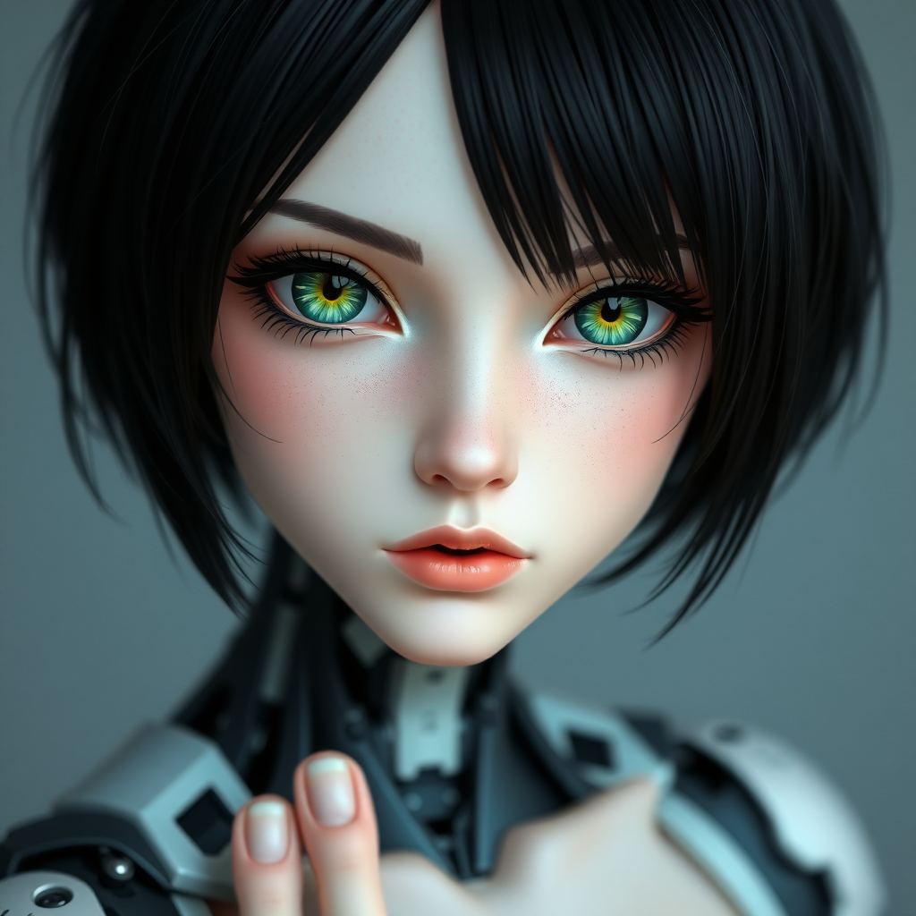 A photograph of a female cyborg with short black hair and green eyes. She has bare feet.