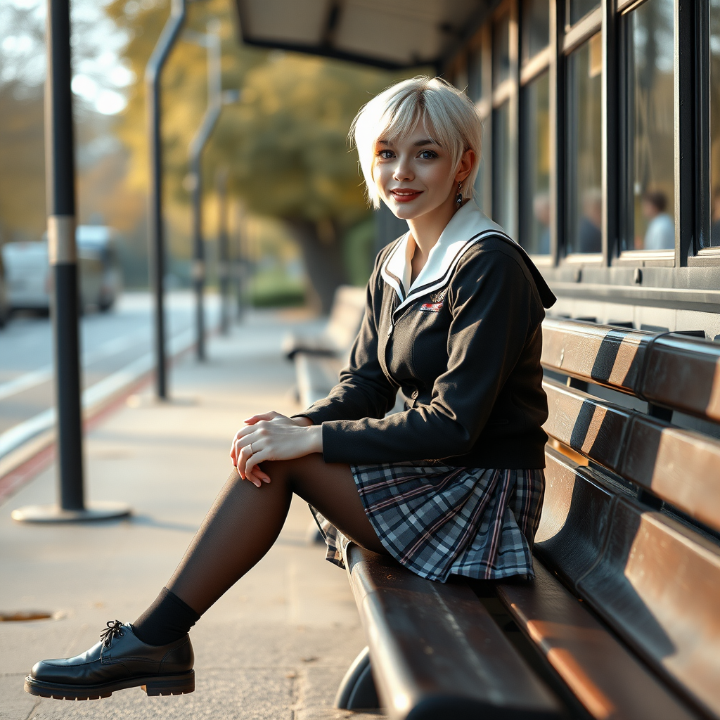 photorealistic, ultra high resolution, 16K, surreal fantasy, soft studio lighting, a pretty 18 year old goth male, slim male physique, short blonde hair, goth makeup, earrings, shiny black pantyhose, UK girls-school uniform, Mary-Jane shoes, sitting on a bench waiting for the school bus, in daylight, excited smile, facing the camera.