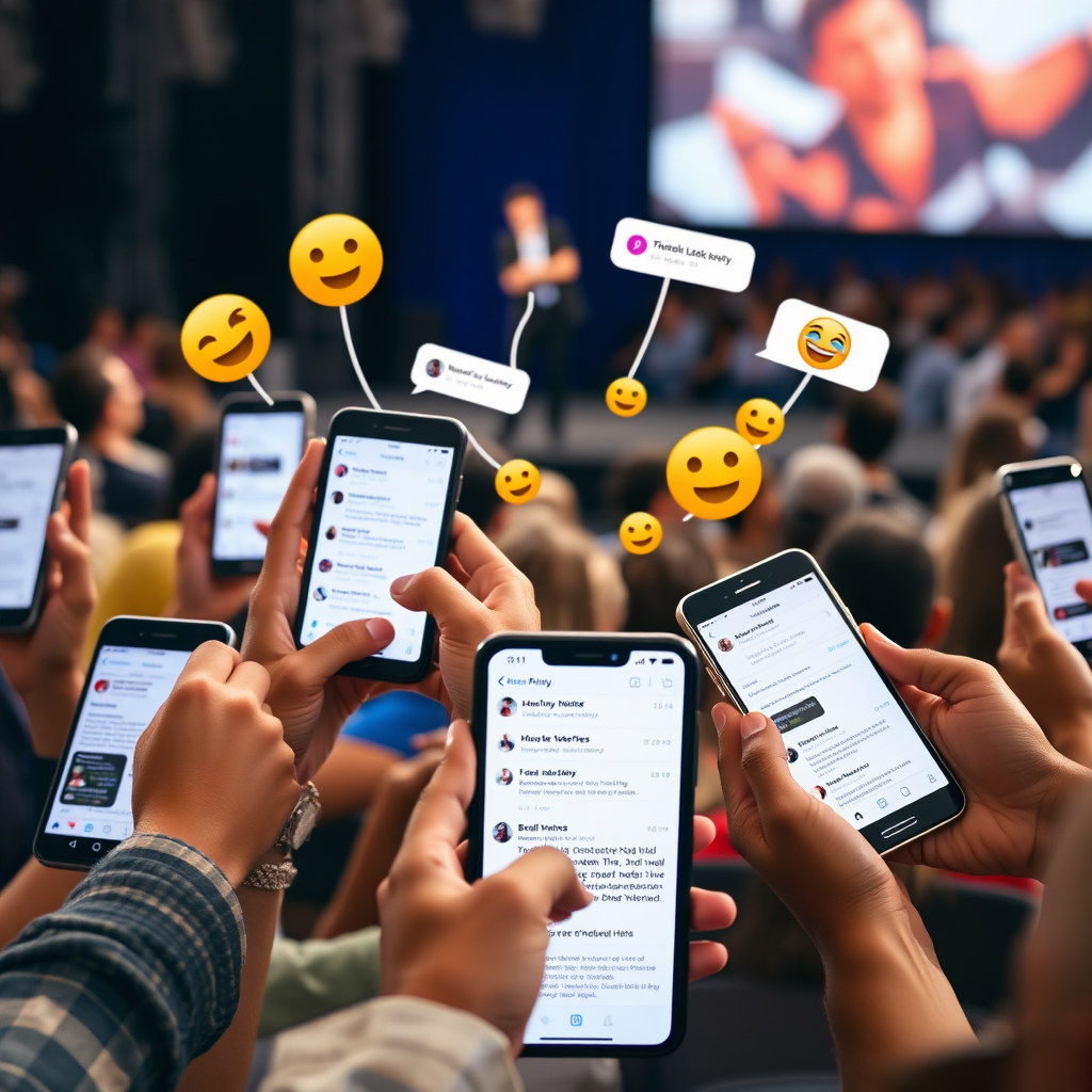 In the foreground, a close-up of diverse hands holding smartphones and tablets, all showing the same live event on their screens with active comment sections. The screens display snippets of live chat messages. In the background, slightly blurred but still recognizable, is the live event stage with the host and in-person audience. Comments and emojis appear to float off the device screens and move towards the host, illustrating the direct link between attendees' devices and live interaction.