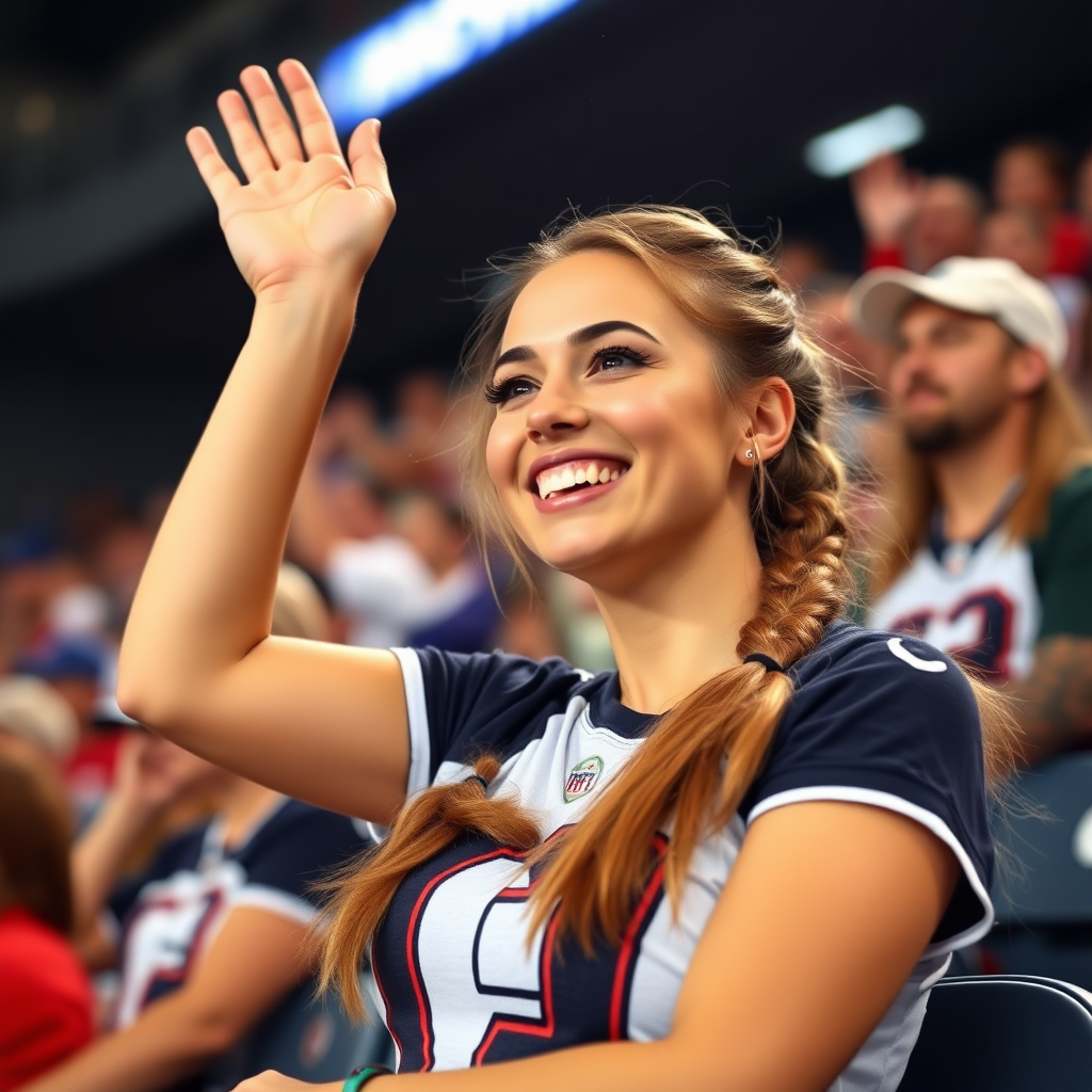 Attractive female NFL fan cheering, pigtail hair, bleacher row