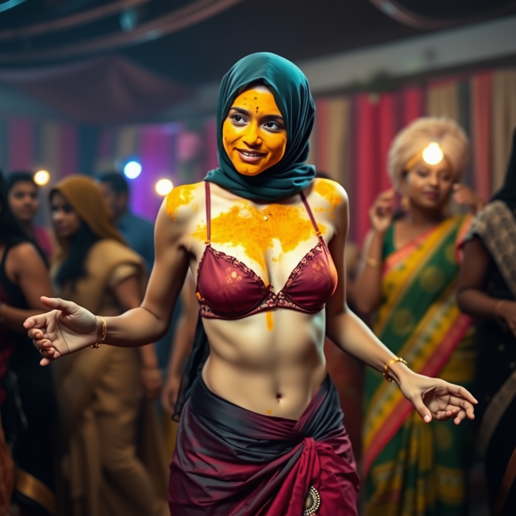 A skinny, 30 year old Indian wife with hijab, wearing a bra and skirt. Her face is covered with turmeric face mask. She is dancing in a party.