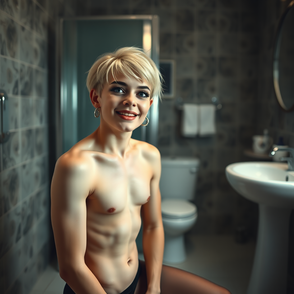 photorealistic, ultra high resolution, 16K, surreal fantasy, studio lighting, a 35 year old mother who is fully dressed for work is watching her pretty 14 year old goth son, slim male physique, short blonde hair, goth makeup, earrings, pantyhose, white ballet shoes, in the bathroom, excited smile, facing the camera.