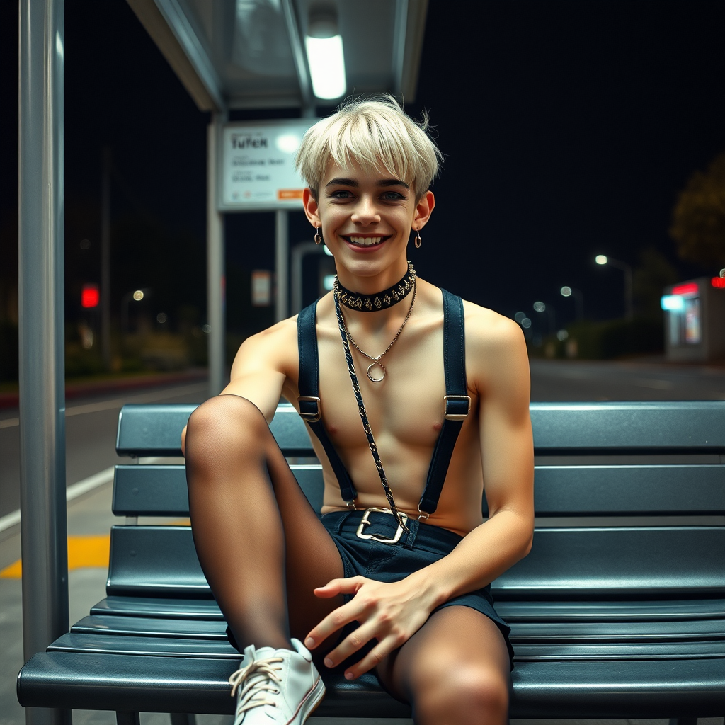 photorealistic, ultra high resolution, 16K, surreal fantasy, studio lighting, a pretty 19 year old goth boy, slim male physique, short blonde hair, goth makeup, earrings, pantyhose, harness, spikey dog collar and leash, trainer-bra, white ballet shoes, sitting on a bench at the bus stop, excited smile, facing the camera.