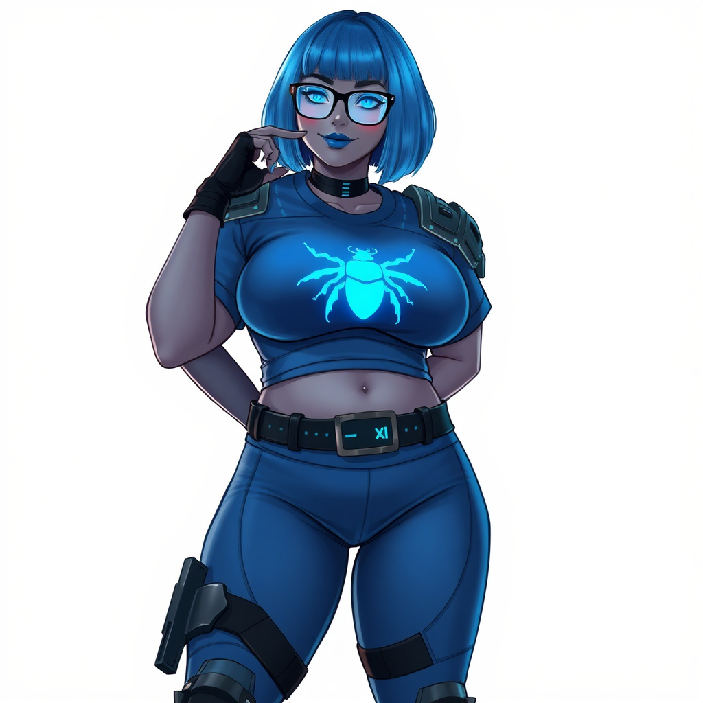 A 28-year-old, full-figured, middle gray-skinned computer program hybrid with a maximum blue bob cut. She has a non-athletic build, highlighted by a prominent, round, large midsection (with emphasis on her belly), which shows the aftermath of her pampering. As the heavily pampered digital sidekick to her cyberpunk vigilante boyfriend, her middle gray metallic skin and maximum blue lipstick emphasize her digital nature. She wears a digital, computerized costume inspired by DC’s Carrie Kelly Robin, consisting of a huge, tight-fitting, maximum blue t-shirt with a neon blue glowing chest icon of a beetle, hi-tech shoulder pads with neon blue accents, a black hi-tech belt with a digital neon blue glowing buckle, digital maximum blue biker pants with neon blue accents, and black hi-tech fingerless biker gloves with neon blue glowing accents. Her neon blue glowing eyes, black eyeglasses with a neon blue glowing HUD built into the lenses, and shy smile with neon red blush accentuate her nerdiness. She stands bashfully with one hand behind her back and the other hand gently touching her cheek, her costume covering all her skin and emphasizing her full-figured physique (especially her belly). She is clearly non-athletic, with a focus on her full-figured physique. Despite her build, she radiates beauty. She has a slim face compared to her physique, accentuating her radiant beauty. She is on a solid white background. She is drawn as if she were in a retro 2D cyberpunk fighting game.