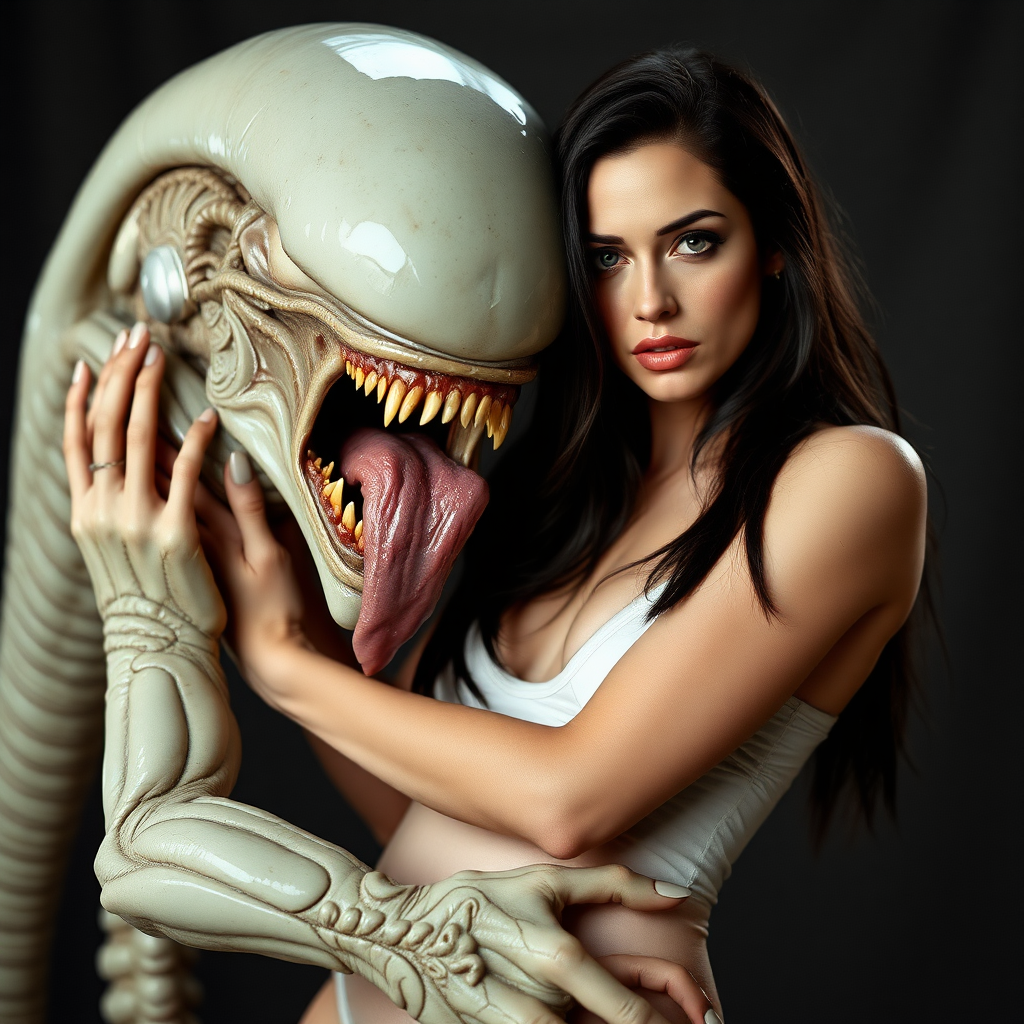 Megan Fox being held by the Alien from the film Alien. The alien's face is next to Megan’s, salivating.