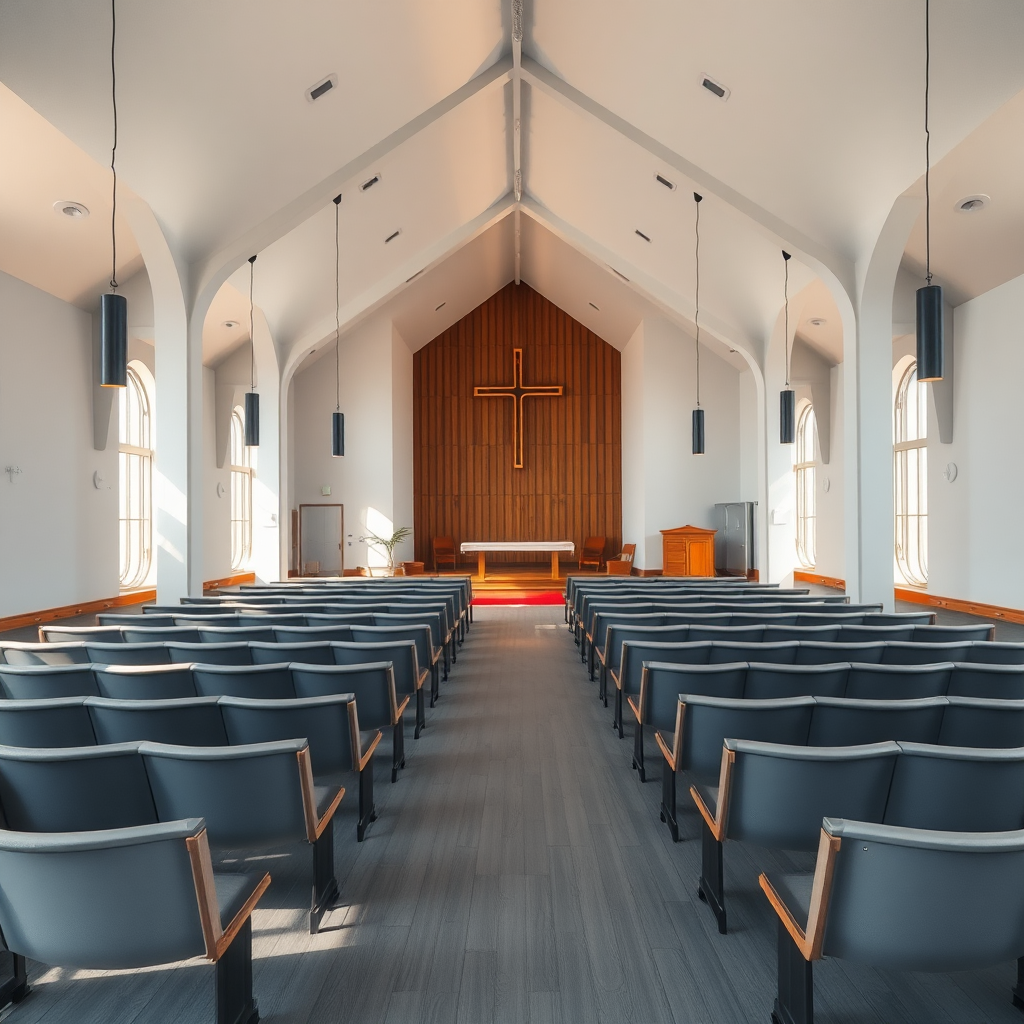 modern church with grey benches, painting style