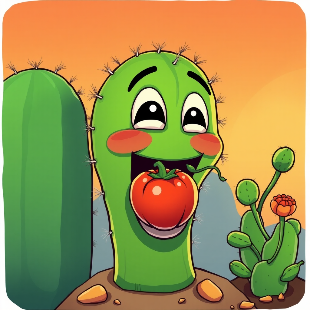 large cartoon cactus eating a small round pepper