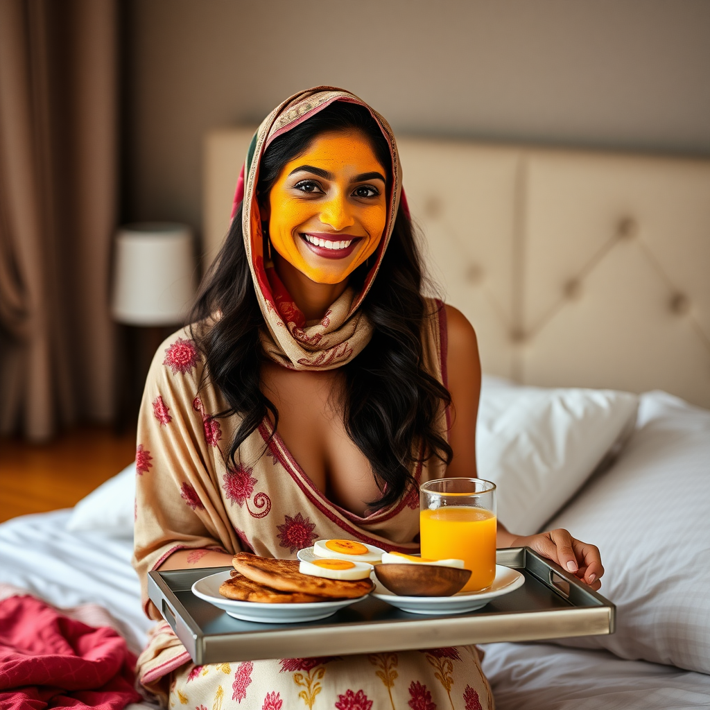 slim, 30 year old, sexy, indian wife, scarf head, turmeric face mask. She is smiling and serving breakfast on a tray on bedside table