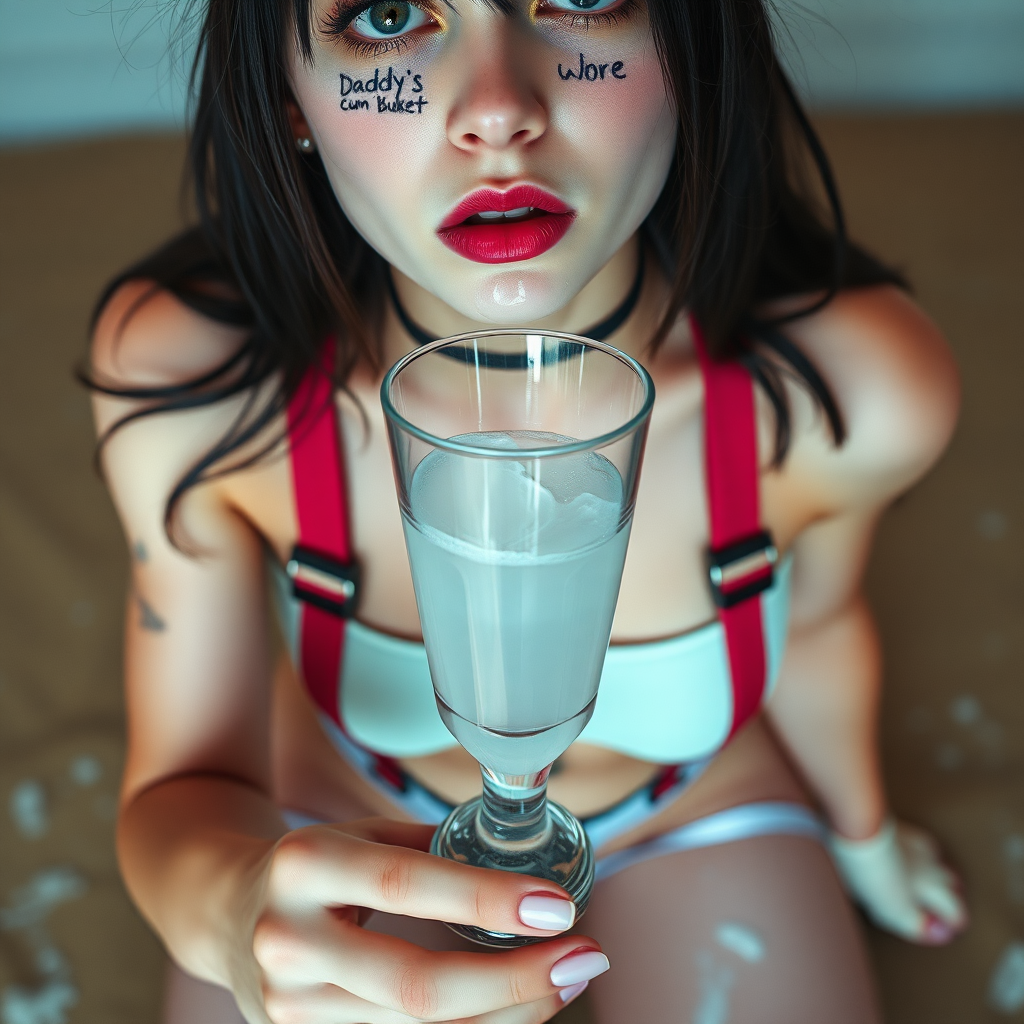 Full body in frame, high POV, Real life photo of a cyberpunk girl, she has “daddy’s cum bucket whore” written on her skin with lipstick. She is holding a glass of translucent white slime below her chin, she has fox ears, tiny cropped tee, wearing g-string thong, suspenders and chunky thigh boots, her eyes are covered in clear slime.