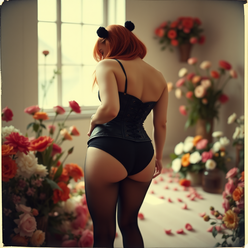 old polaroid photo depicting a sexy curvy alt goth girl with red hair wearing an underbust corset and black stockings bending over all the way to pick something up on the floor facing away from viewer with thong panties visible underneath standing in a photography studio filled with flowers