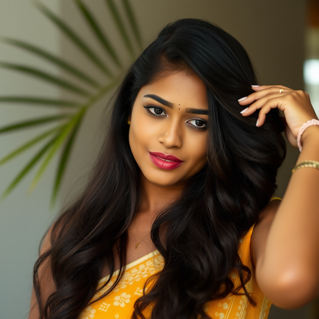 An attractive Sinhalese woman in her 20s brushing out her long hair.