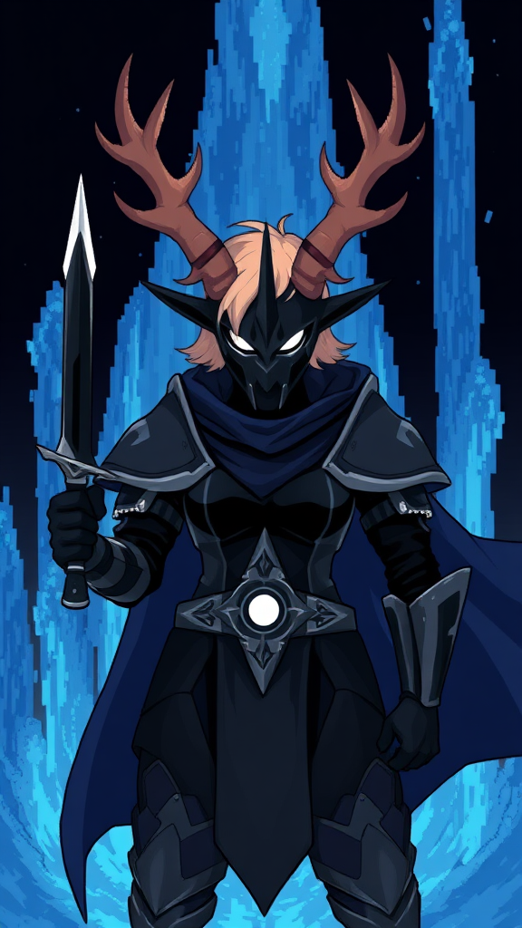 (Anime-pixel art) background of a massive blue-black-dark fountain erupting into the air, a fierce and violent knight stands poised for battle. She wears sleek, black knight armor, marked by a small perfect white eye symbol at its center, exuding an air of intimidation. Her face is obscured by a terrifying goat-like mask, with a single glowing white eye on the right, and another white eye symbol perched at the top of the mask, adding to her menacing presence. The knight's imposing silhouette is accentuated by two large, dark-silver shoulder guards that gleam ominously in the darkness. Draped behind her is a flowing dark-blue cape that billows dramatically, hinting at her formidable power. Atop her head, two impressive deer antlers rise, further enhancing her fearsome appearance, while her short, tousled blonde hair peeks out from beneath the mask, in her the left-hand of her palms she wields a black-dark knife with white-aura around its edges. 

This is the Roaring Knight, known as Mayor Holiday from Deltarune, captured in a striking full-body view that highlights both her ferocity and enigmatic allure.