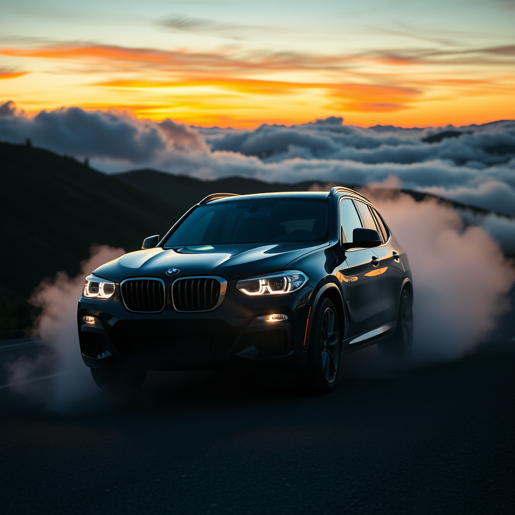 A BLACK BMW X3 WITH HEADLIGHTS ON AS SEEN FROM THE FRONT ON A MOUNTAIN ROAD AT SUNSET WRAPPED IN MULTICOLORED CLOUDS OF SMOKE