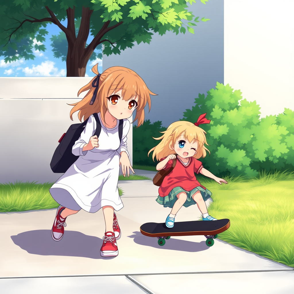 Two anime sisters, one a teen with light brown hair and hazel eyes and the other a smaller kid with blonde hair and blue eyes, playing with a skateboard on a sidewalk.