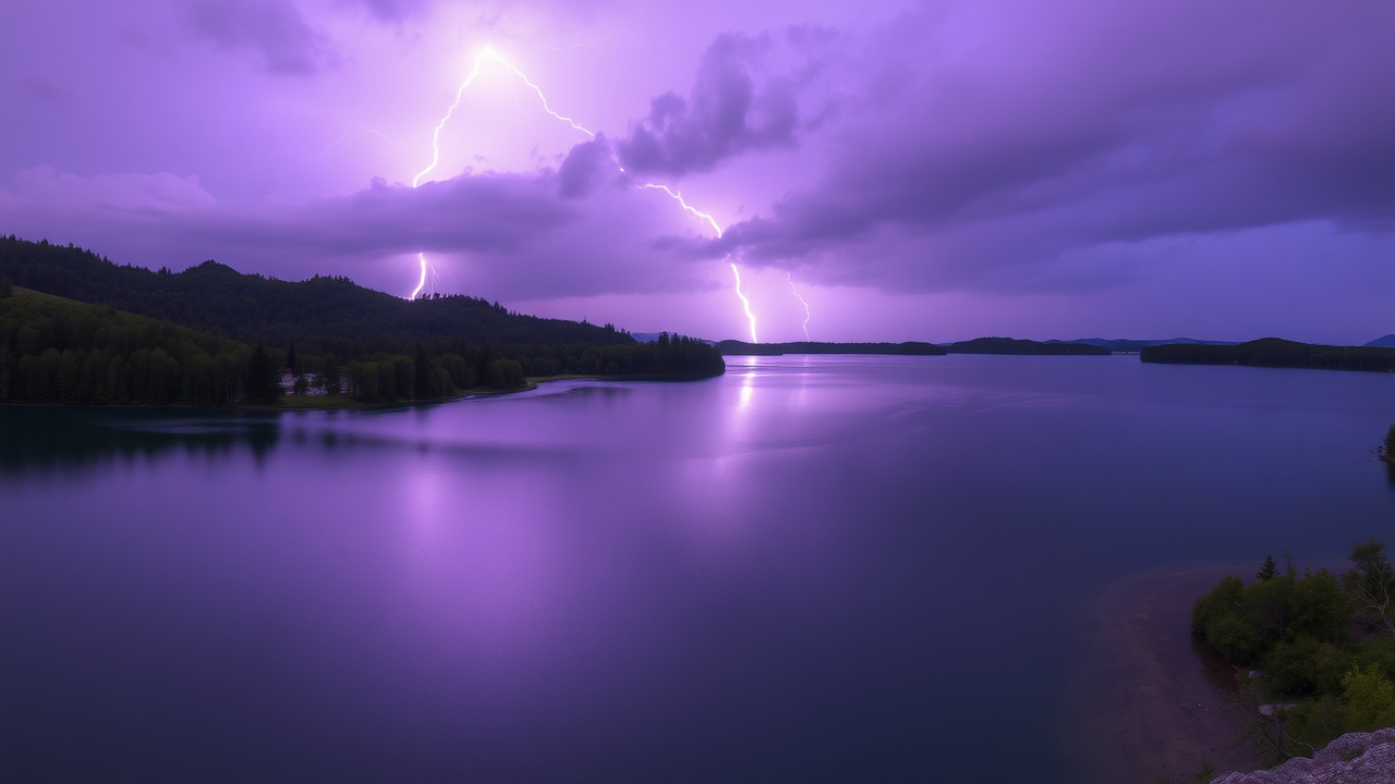 photo, lakes, nature, purple sky, lightning