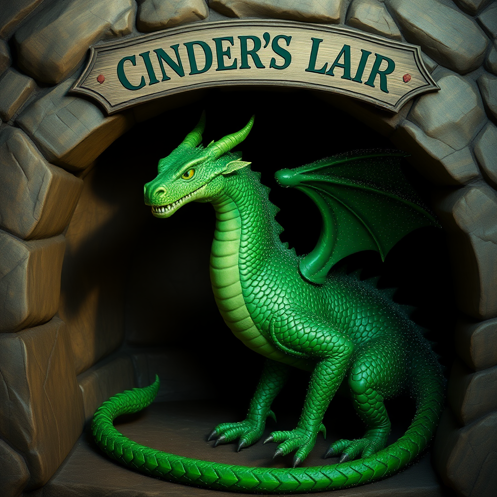 A photo realistic green dragon with sparkly scales within a dragon cave with a sign above it that says "Cinder's Lair"