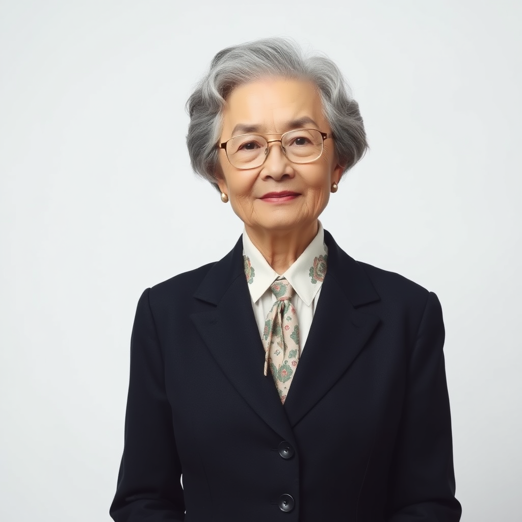 80 age old korean woman, front, woman suit, photo studio background,