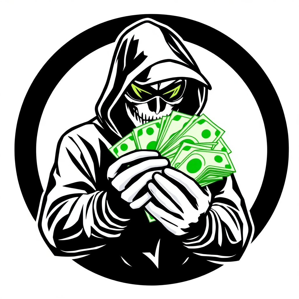 A logo art of a hacker holding lots of money. Black and white and green for the cash.