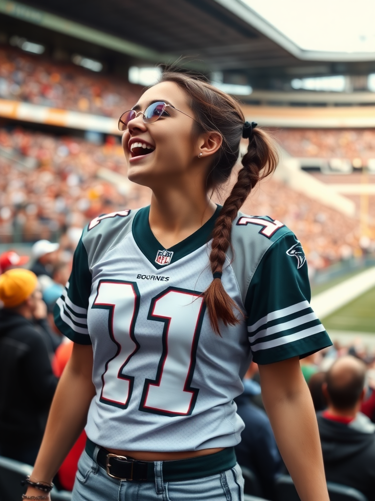 Attractive female NFL fan, pigtail hair, jersey, large titties, reacting to a victory, crowded stadium bleachers