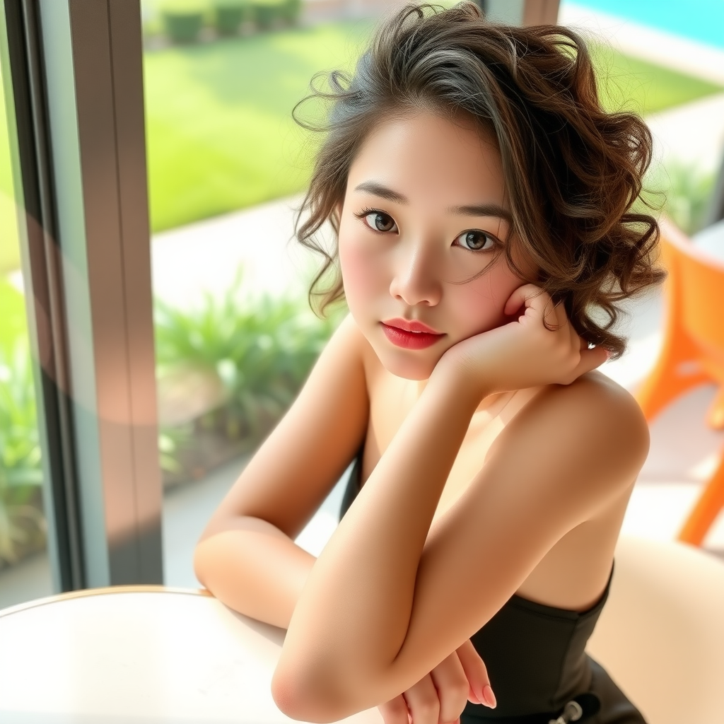 A young, beautiful 18-year-old Little Red Book (Xiaohongshu) influencer, with fair skin, big eyes, curly hair, an oval face, and very slim, sitting in a café, leaning on the table, with green grass and a swimming pool outside the window.