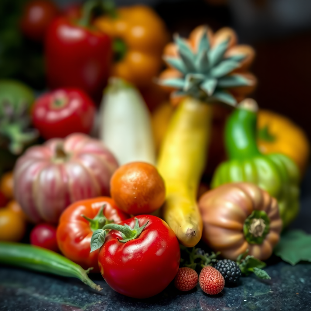 Beautiful fruits and vegetables, real photographs, blurred background, miniaturized mode.