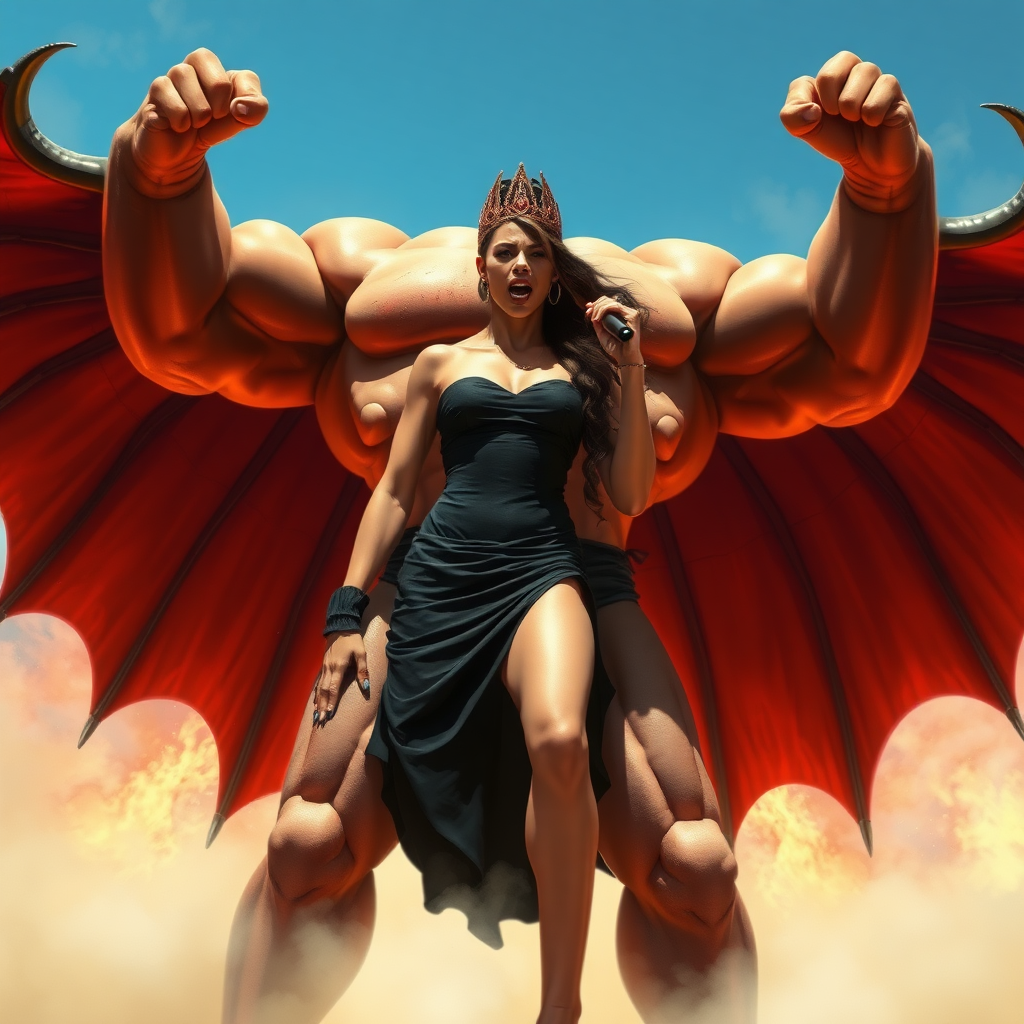 huge massive strong muscular bodybuilder girl, strapless dress, angry rock singer