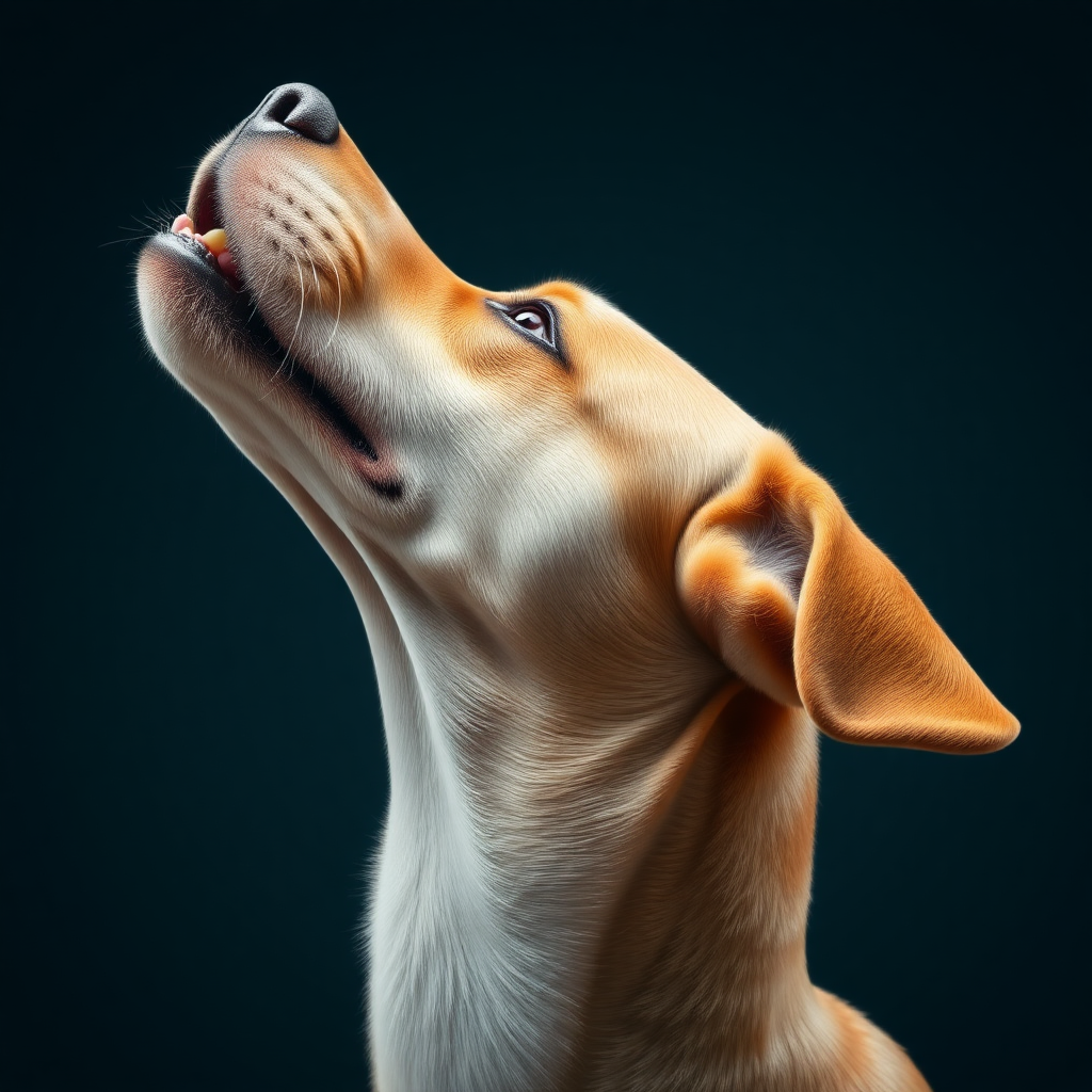 A dog biting a toy, close-up shot, side view of the head, stretching its neck, looking up, open the mouth, opaque.