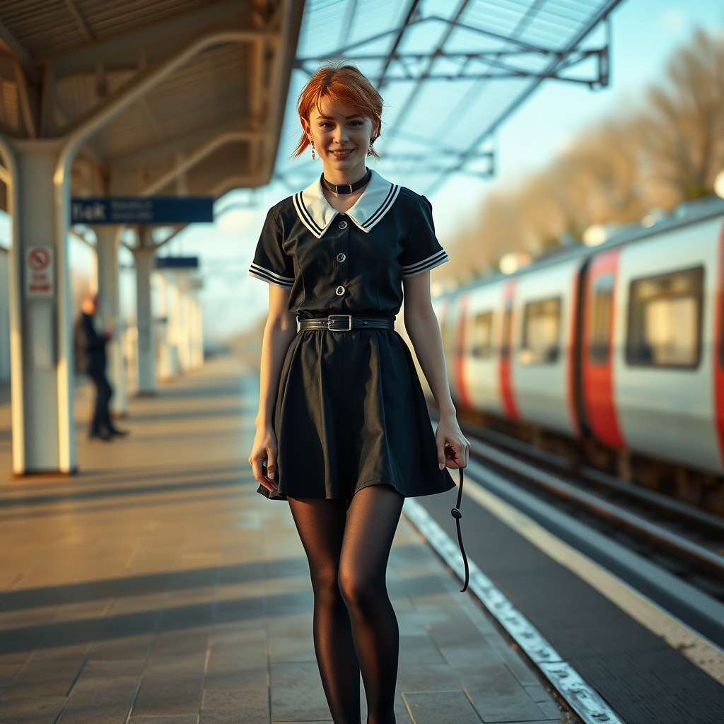 photorealistic, ultra high resolution, 16K, surreal fantasy, soft studio lighting, Tyler Swift is a pretty 18 year old goth male, slim male physique, auburn hair, goth makeup, earrings, shiny black pantyhose, UK girls-school uniform, Mary-Jane shoes, spikey neck collar chain and leash, standing at a station, the wind has blown his dress up to expose his pantyhosed bottom, his boyfriend is holding the end of the leash, in daylight, excited smile, facing the camera.